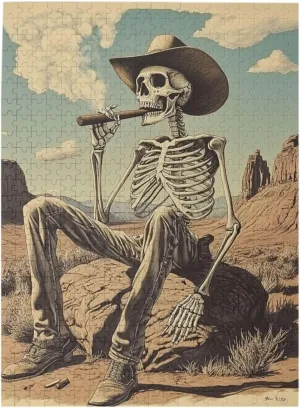 Lone Skeleton Cowboy Sitting in Desert Sunset,500 Piece Wooden Puzzle for Adults,Haunting Western Artwork,Brain Training Challenge,Stress Relief Activity,eco-Friendly woodens Pieces