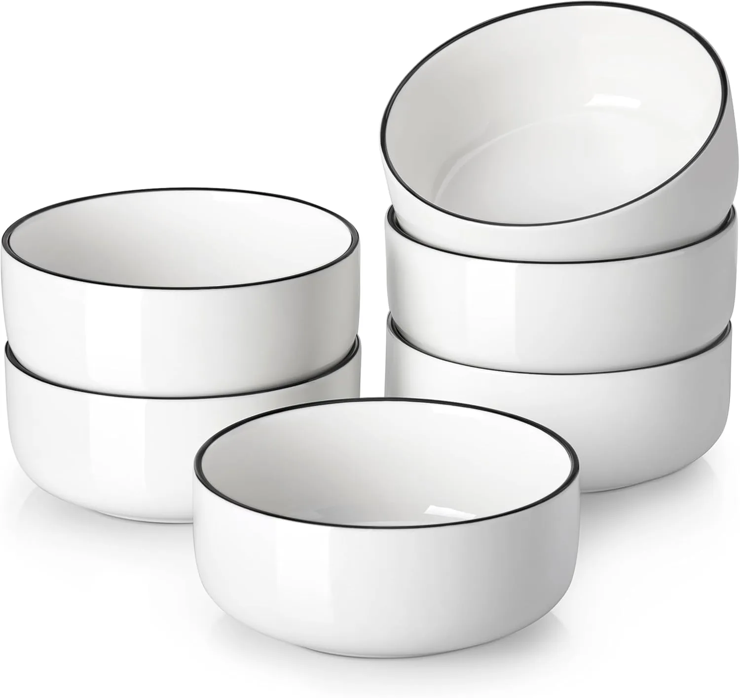 MALACASA 24 OZ Cereal Bowls, Porcelain Soup Oatmeal Bowls Set of 6, White Kitchen Ceramic Serving Bowl wtih Black Rim, Dishwasher Microwave Oven Safe, White, Series LUNA