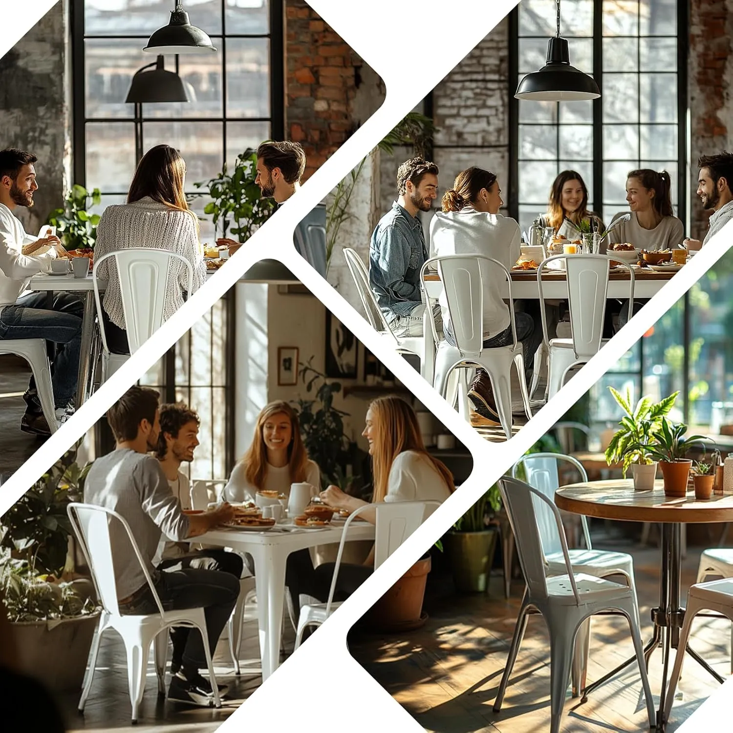 Metal Dining Chair with Wooden Seat Set of 4 Stackable Industrial Vintage Kitchen Indoor-Outdoor Bistro Cafe Arctic White