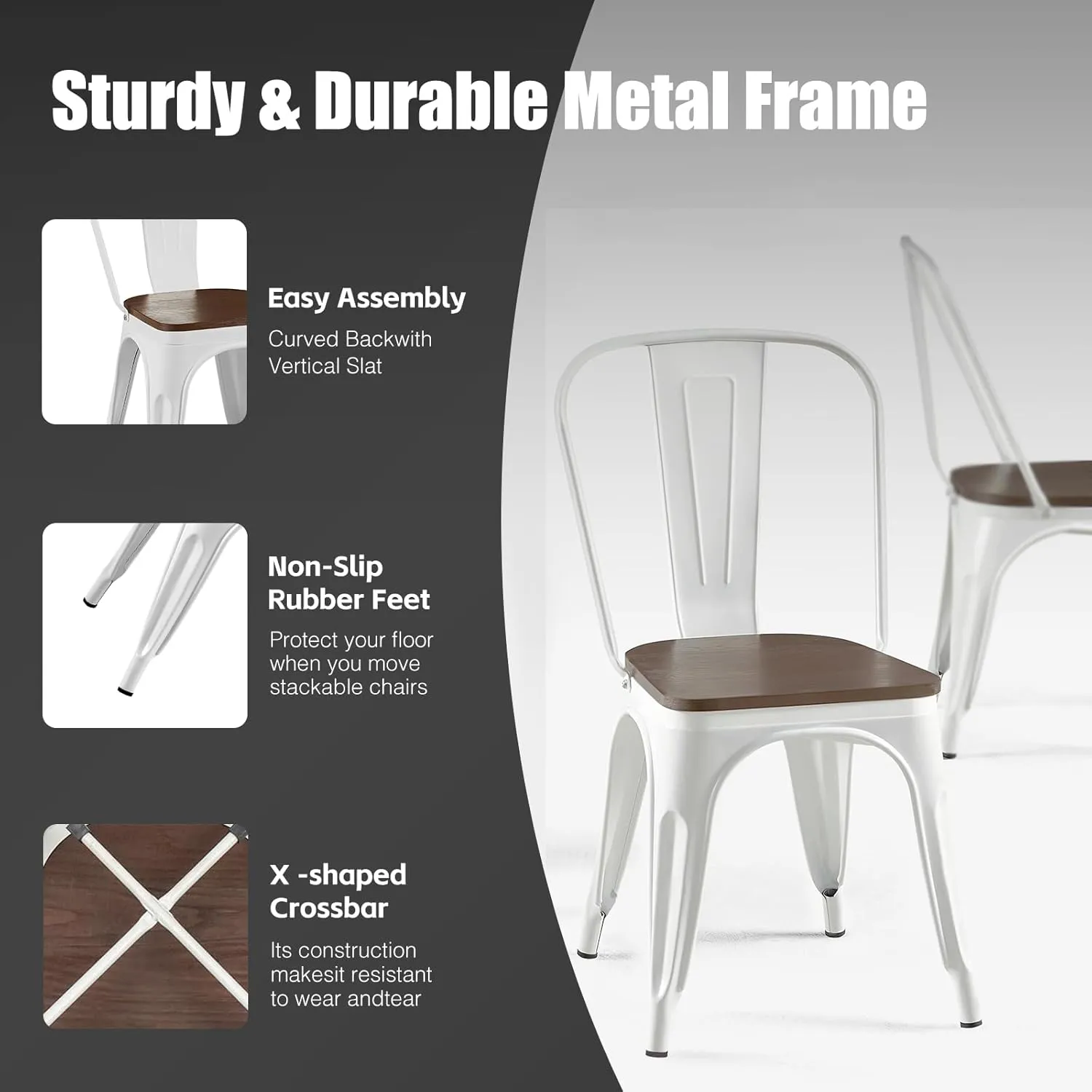 Metal Dining Chair with Wooden Seat Set of 4 Stackable Industrial Vintage Kitchen Indoor-Outdoor Bistro Cafe Arctic White