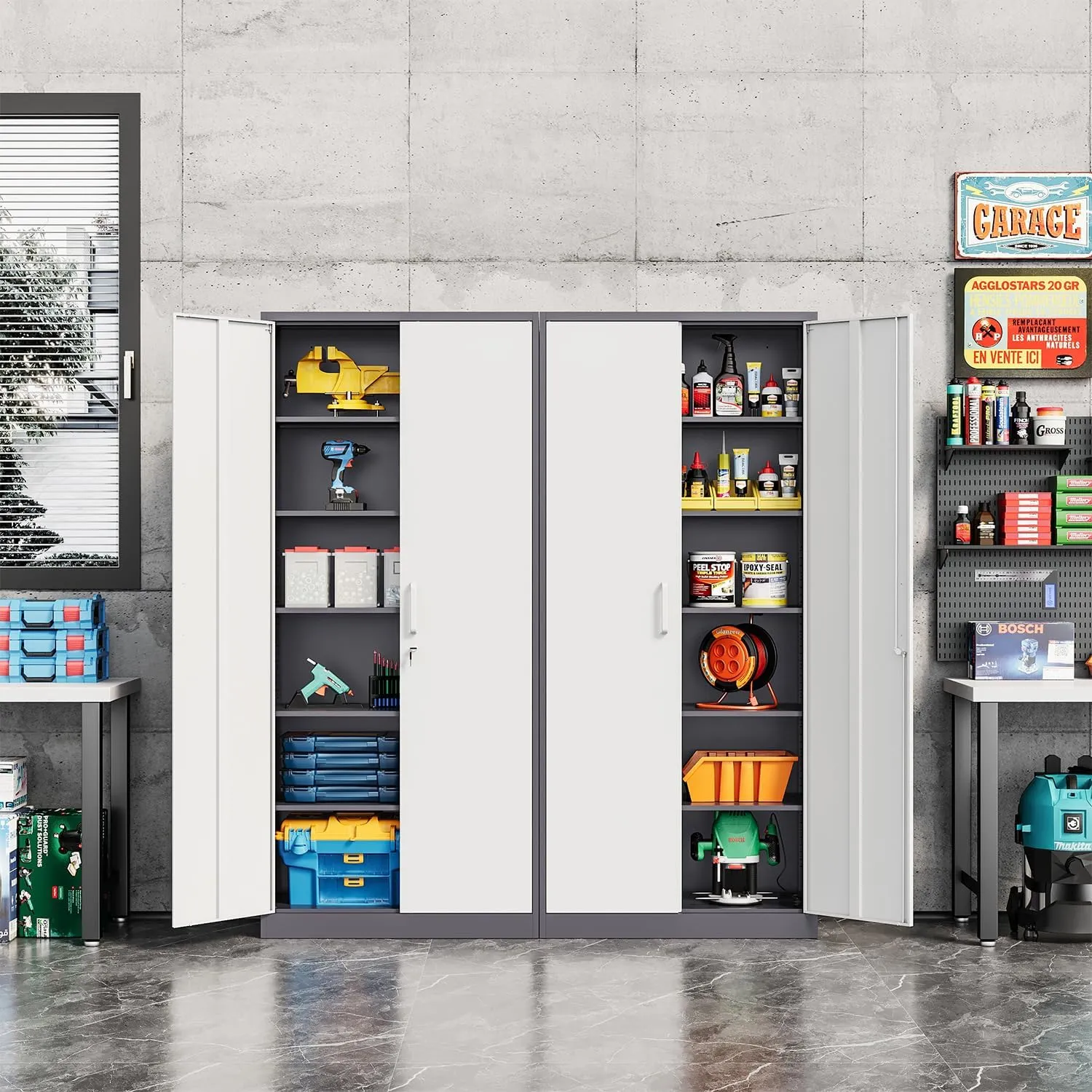 Metal Storage Cabinet-72” Tall Steel File Cabinets with Lockable Doors and 5 Adjustable Shelves-Gray&White Steel Storage Cabinet for Home, School, Office, Garage