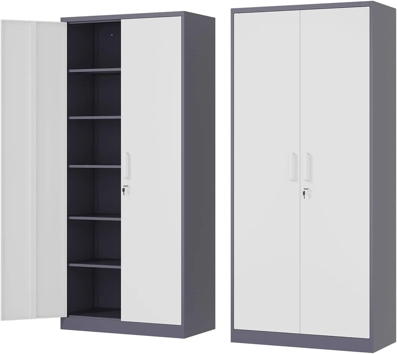 Metal Storage Cabinet-72” Tall Steel File Cabinets with Lockable Doors and 5 Adjustable Shelves-Gray&White Steel Storage Cabinet for Home, School, Office, Garage