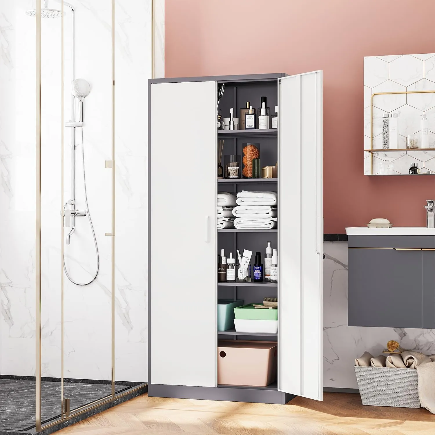 Metal Storage Cabinet-72” Tall Steel File Cabinets with Lockable Doors and 5 Adjustable Shelves-Gray&White Steel Storage Cabinet for Home, School, Office, Garage
