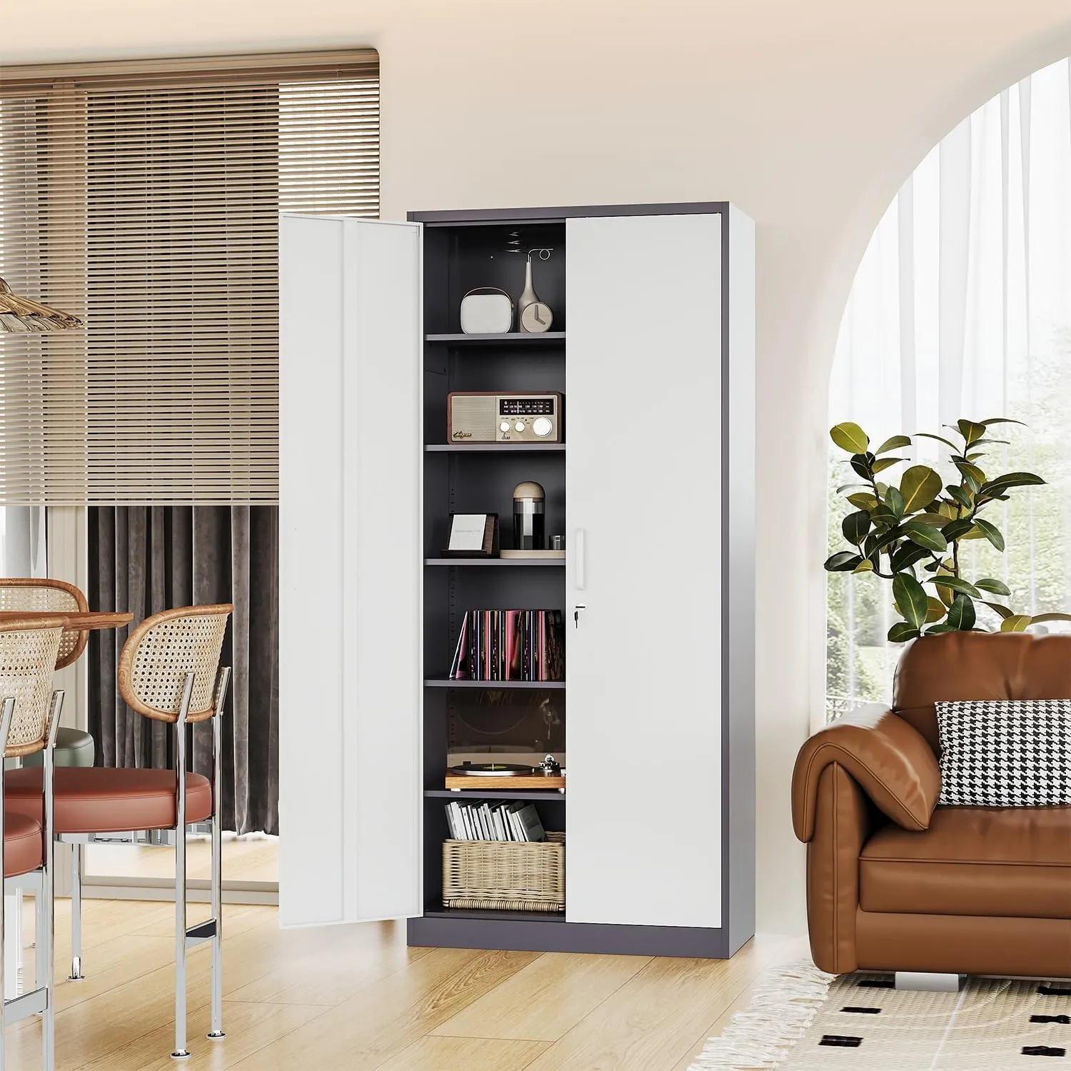 Metal Storage Cabinet-72” Tall Steel File Cabinets with Lockable Doors and 5 Adjustable Shelves-Gray&White Steel Storage Cabinet for Home, School, Office, Garage