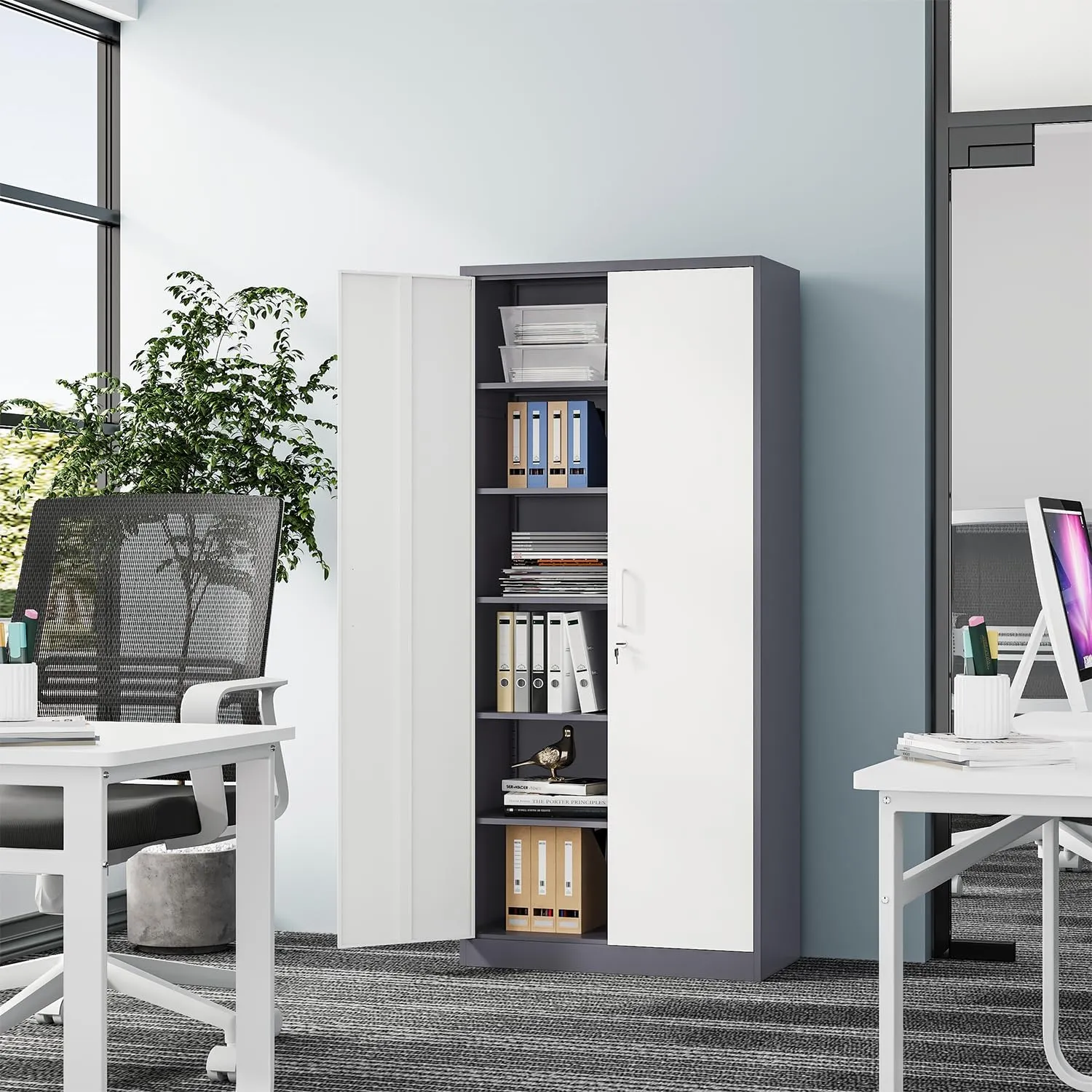 Metal Storage Cabinet-72” Tall Steel File Cabinets with Lockable Doors and 5 Adjustable Shelves-Gray&White Steel Storage Cabinet for Home, School, Office, Garage