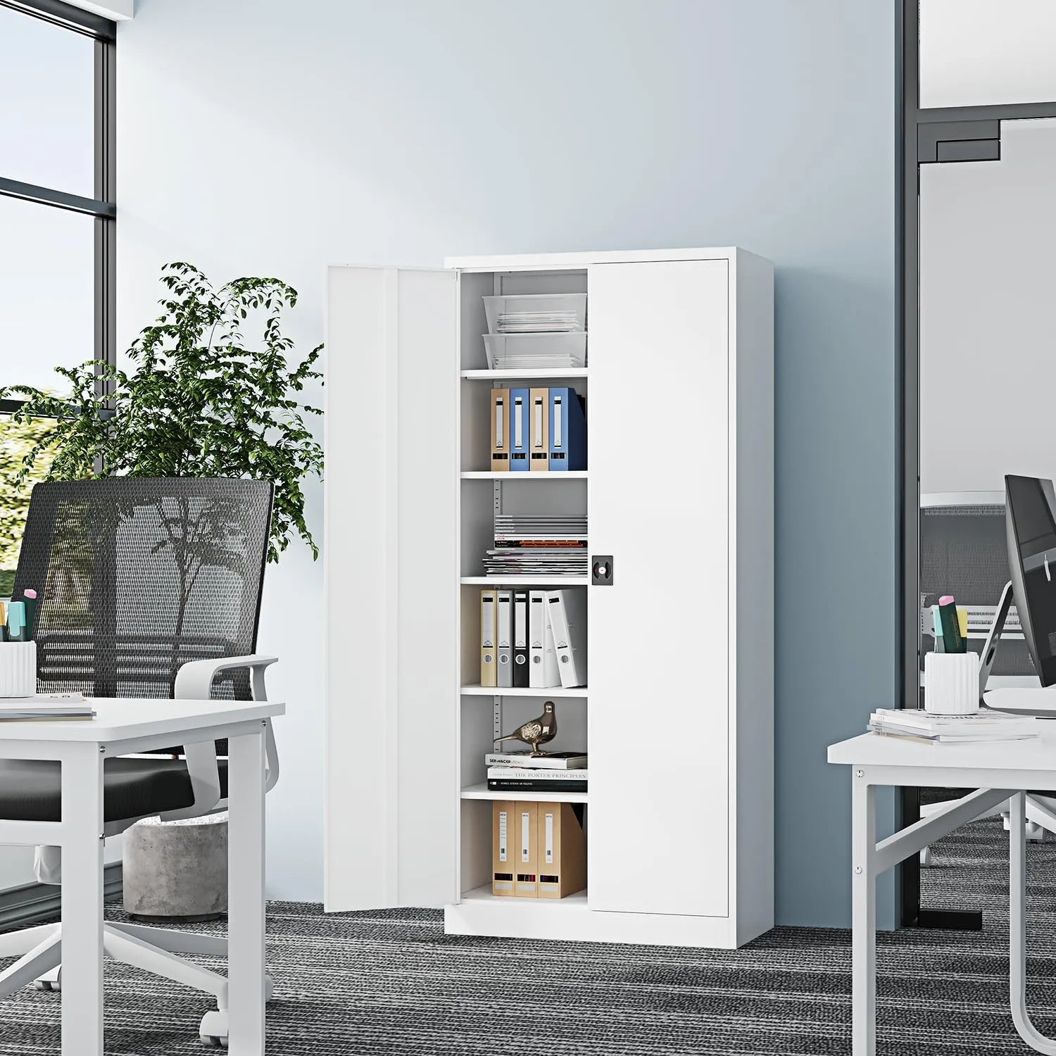 Metal Storage Cabinet-72” Tall Steel File Cabinets with Lockable Doors and Adjustable Shelves-White Steel Storage Cabinet for Kitchen, Office, Garage