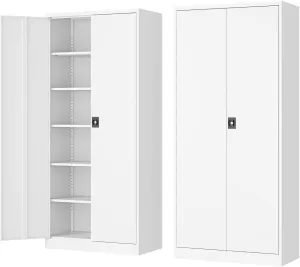 Metal Storage Cabinet-72” Tall Steel File Cabinets with Lockable Doors and Adjustable Shelves-White Steel Storage Cabinet for Kitchen, Office, Garage