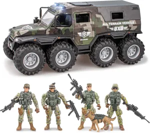 Military Vehicle & Police Car Toy Set with Sound Lights Music, 4 Army Men Action Figures & K9 Dog - Friction Powered Battle Playset for Kids Ages 3-12