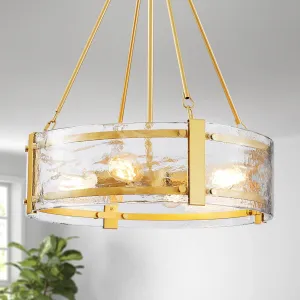 Modern Drum Chandelier for Dining Room, 4-Light Water Glass Pendant Light for Living Room, E26 Socket, D18.3xW16xH64.5