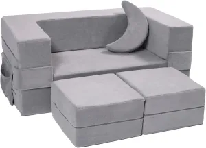 Modular Kids Couch, Toddler Foam Armchair for Kids, Convertible Plush Sofa Play Set, Fold Out Sofa Bed - Grey