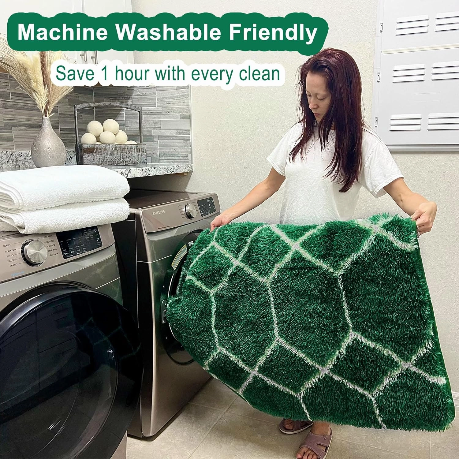ONASAR Area Rugs for Living Room Bedroom, 5x8 Washable Fluffy Dark Green and White Rug, Geometric Boho Soft Plush Shaggy Fuzzy Floor Carpet for Nursery Kids Girls Boys Teen Dorm Home Decor Aesthetic