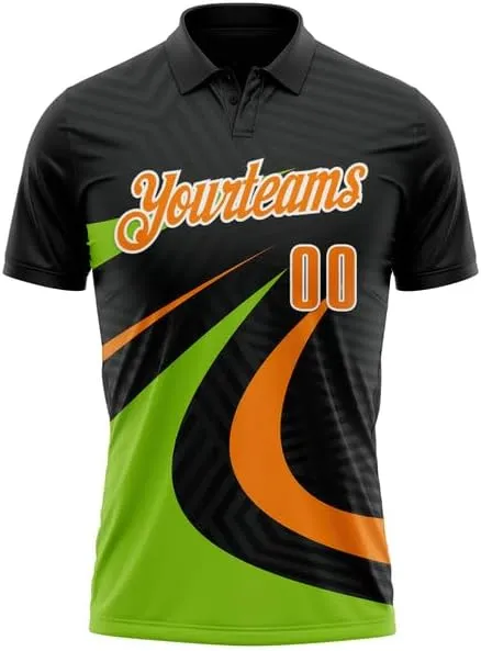 Personalized Name,Custom Jersey, Polo Sport, Black Bay Orange-Neon Green 3D Bowling Geometric Shape Polo