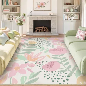 Pink Area Rug 6x9 Washable Boho Large Living Room Carpet Non Slip Kitchen Soft Cute Bedroom Botanical Indoor Accent Rug for Office Dining Room Nursery Bathroom Farmhouse