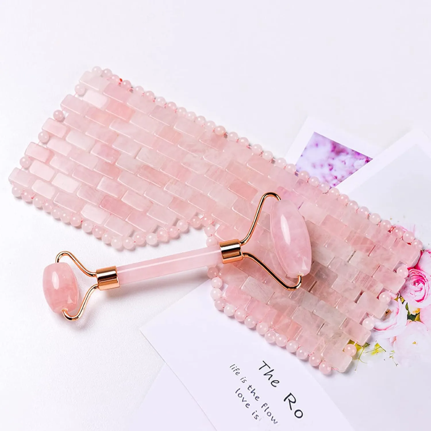 Pink Quartz Eye Mask Massage Face Roller Set Natural Rose Gouache Jade Stone Facial Relax,Type 2