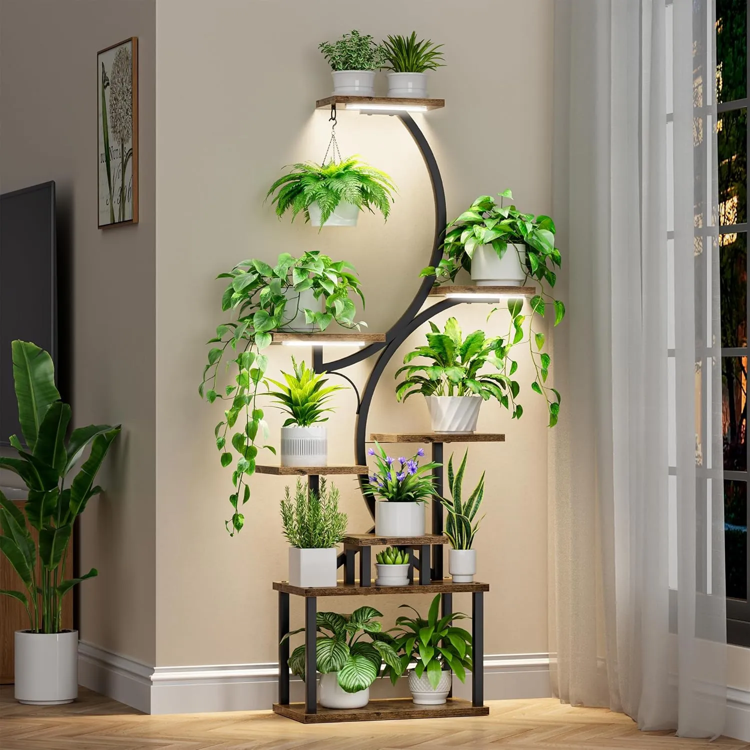 Plant Stand Indoor with Grow Lights - 62" Tall Plant Shelf, Lighted Corner Plant Stands for Indoor Growing, 8 Tiered Large Flower Holder, S-Shaped Decorative Rack for Living Room, Black, Patent Design