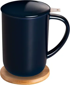 Porcelain Tea Mug with Infuser and Lid, Teaware with Filter and Coaster, Loose Leaf Tea Cup Steeper Maker, 16 OZ for Tea/Coffee/Milk/Women/Office/Home/Gift (Navy Blue)