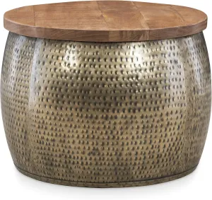 Powell Hammered Gold Drum with Natural Wood Lift Top for Storage Janice Table