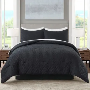 Queen Size Bed in Bed 90""x90"", 3-Piece Comforter Set Queen - 480GSM Trendy Creased Embossed Quilt Design Shabby Chic Farmhouse Comforter Set for All Season, Black