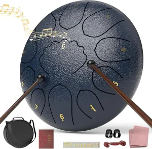 Rain Drum for Outside Garden, 8 Inches 11 Notes Steel Tongue Chakra, Waterproof Rain Chime Meditation, Musical Instruments for Adult Gift With Bag, Music Book, Mallets (Navy Blue)