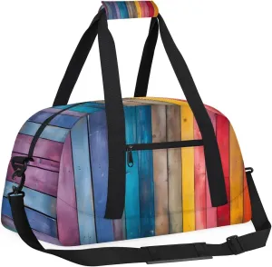 Rainbow Wood Grain Kids Overnighter Duffel Bags for Boys, Carry-On Size Sports Gym Bag with Front Zipper Pocket for School Practice or Overnight Travel Weekender Sleepover Tote Bag