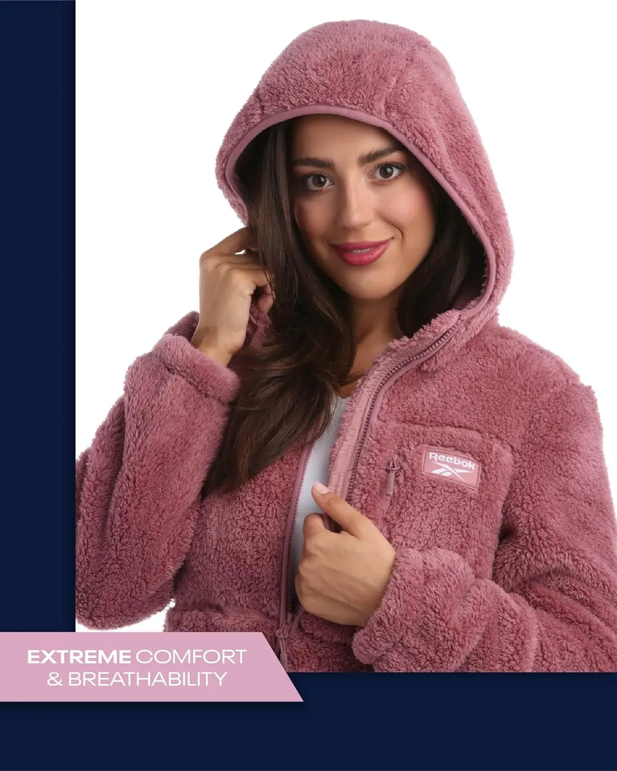 Reebok Women's Fleece Sweatshirt Jacket - Full Zip Sherpa Fur Hooded Jacket - Lightweight Teddy Coat for Women (S-XL)