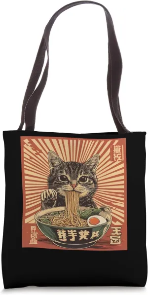 Retro Japanese Art Kitten Noodle Lover Ramen Bowl Cat Tote Bag