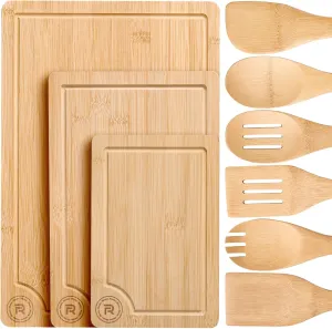 Riveira Bamboo Cutting Boards For Kitchen with Wooden Spoons For Cooking – Set of 3 Pcs Wooden Cutting Board & 6 Bamboo Spoons – Wooden Cutting Boards For Kitchen – Complete Wooden Cooking Utensils