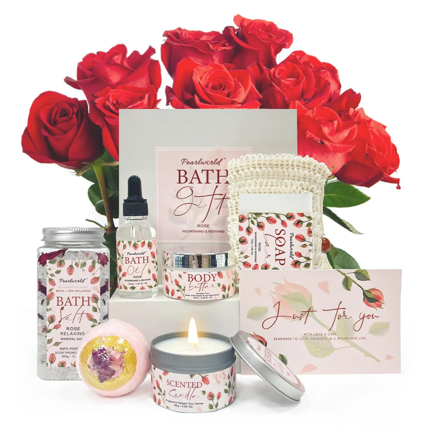 Rose Spa Gift Set for Women, Luxury 9 Pcs Bath Salts Set, Relaxation Gifts for Women, Self Care Set, Clean Moisturizing Skin, Gifts for Mom, Wife, Sister, Friend