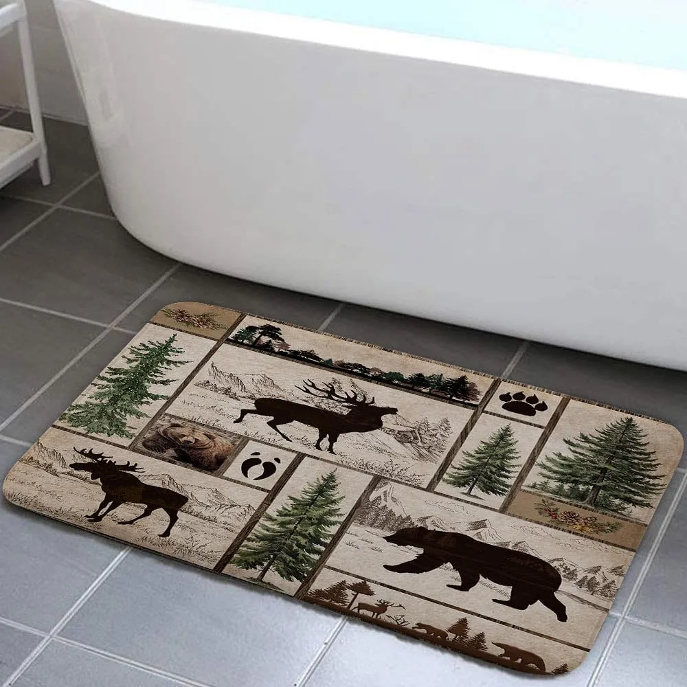 Rustic Cabin Bath Rug Farmhouse Country Black Bear Deer Moose Forest Woodland Bathroom Rug, Hunting Cabin Mat Soft Non Slip Kitchen Rugs 17X29IN