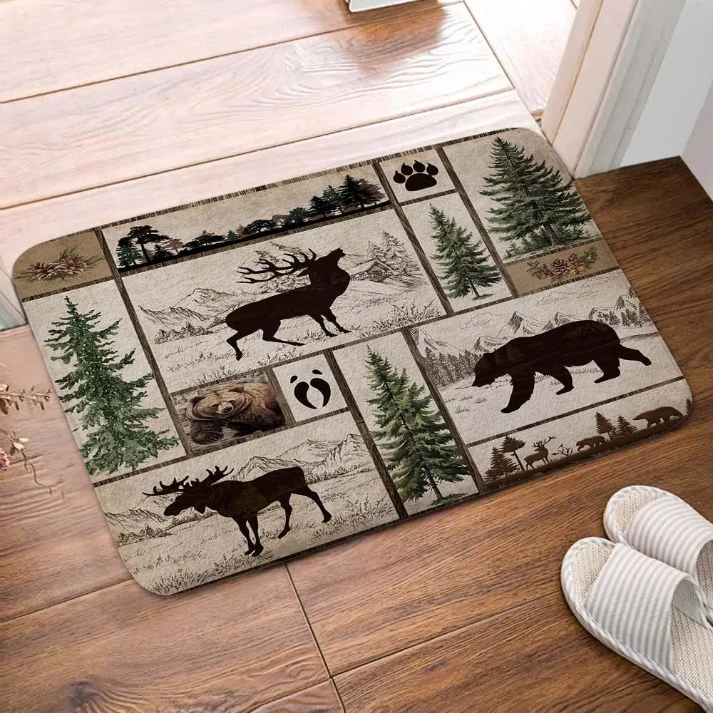 Rustic Cabin Bath Rug Farmhouse Country Black Bear Deer Moose Forest Woodland Bathroom Rug, Hunting Cabin Mat Soft Non Slip Kitchen Rugs 17X29IN