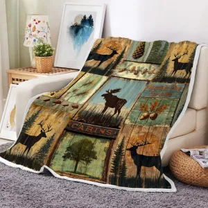 Rustic Cabin Throw Blankets, Vintage Country Antique Bear Moose Forest Wood Cozy Warm Bed Couch Blanket, Hunting Camping Fleece Flannel Throws to Decorate The Room and Bedroom
