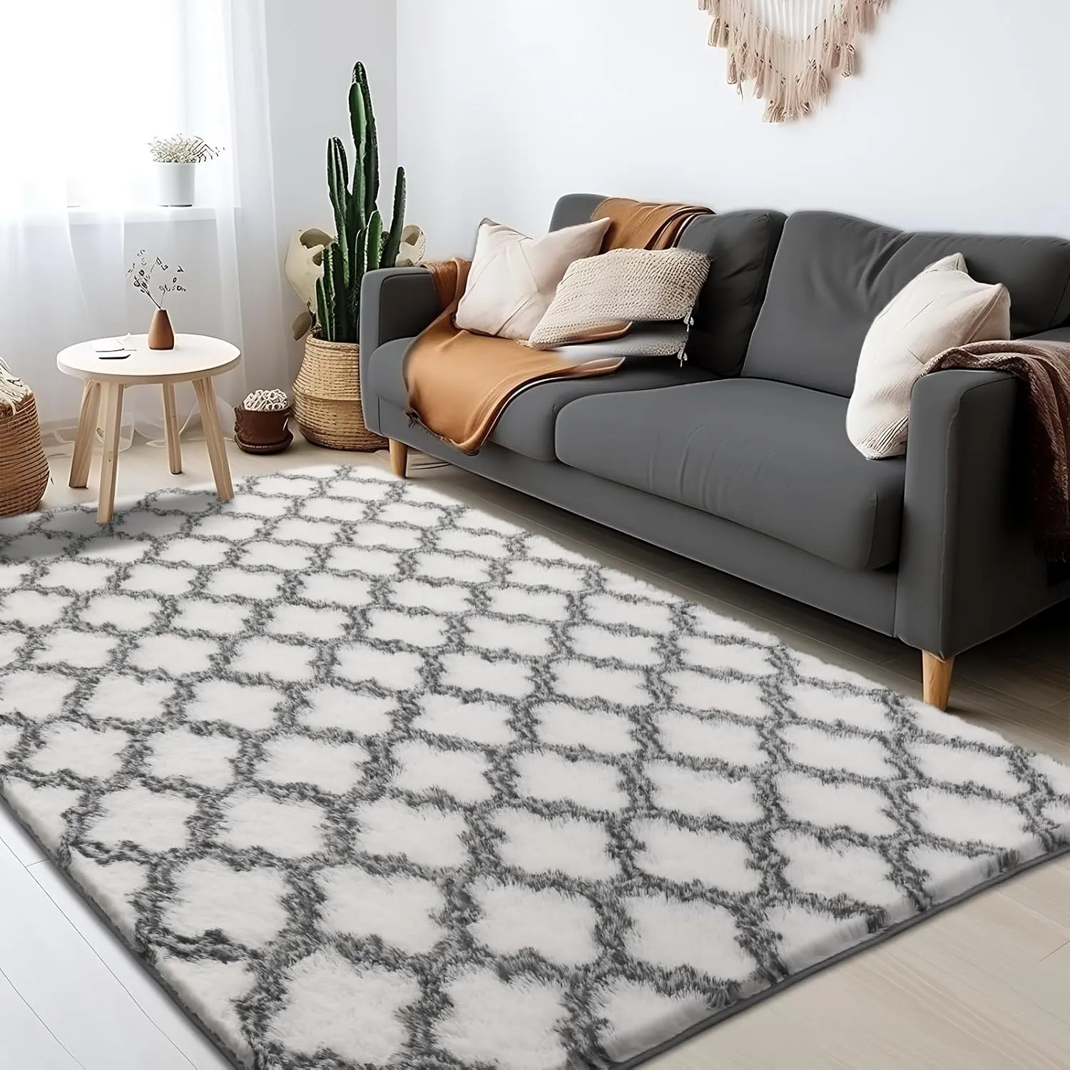 Shag Area Rug 5x7 Feet Extra Soft Rugs for Living Room, High Pile Indoor Carpet for Bedroom, Kids Room, Nursery, Home Decor, Geometric, White/Black