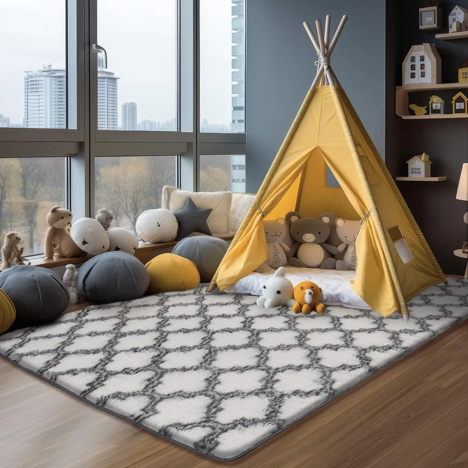 Shag Area Rug 5x7 Feet Extra Soft Rugs for Living Room, High Pile Indoor Carpet for Bedroom, Kids Room, Nursery, Home Decor, Geometric, White/Black