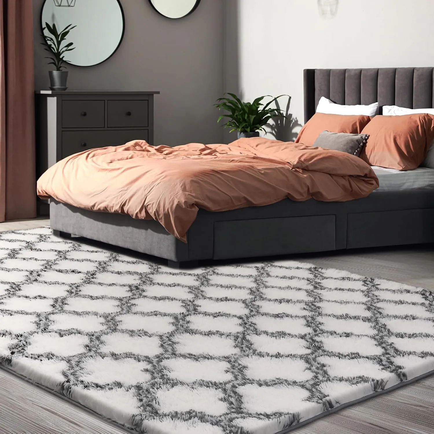 Shag Area Rug 5x7 Feet Extra Soft Rugs for Living Room, High Pile Indoor Carpet for Bedroom, Kids Room, Nursery, Home Decor, Geometric, White/Black