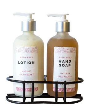 Sicily Rose Eco-Friendly Refillable Liquid Soap - Vegan, Sulfate-Free, Hypoallergenic, All-Natural, Plant-Derived, Made in USA by DAYSPA Body Basics, Lotion & Soap Set with Metal Holder