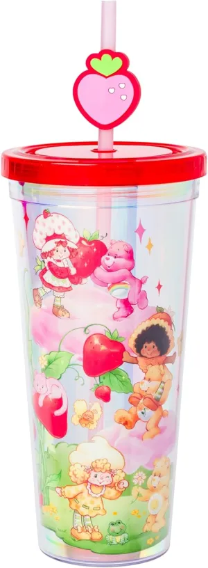 Silver Buffalo Care Bears and Strawberry Shortcake Featuring Cheer Bear, Funshine Bear, Friend Bear, Orange Blossom, and Lemon Meringue Iridescent Plastic Cold Cup with Lid and Topper Straw, 24 Ounces