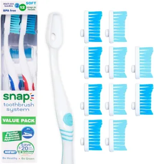 Snap Toothbrush System | 2-Pack   10 Bonus Brush Heads | Eco-Friendly Snap-On Replacement Heads | Adult Soft | Ultimate Oral Care Solution