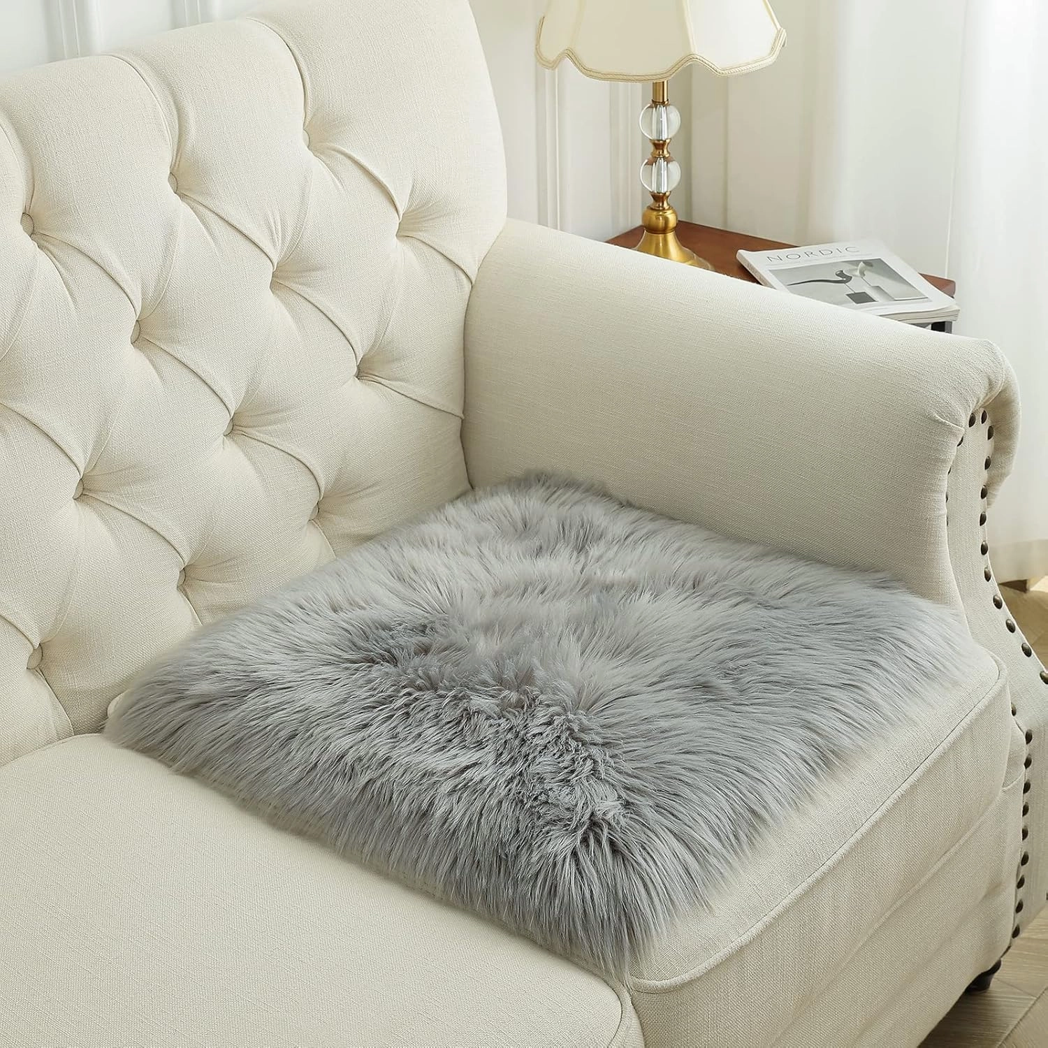 Softlife Grey Faux Fur Sheepskin Chair Cover Seat Cushion Pad Super Soft Area Rugs for Living Bedroom Sofa Dorm (1.6ft x 1.6ft)