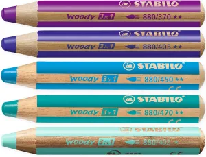 STABILO Multi-talented Pencil woody 3-in-1 - Tones Box of 5 - Violet, Ultramarine, Blue, Cyan Blue & Turquoise   Sharpener