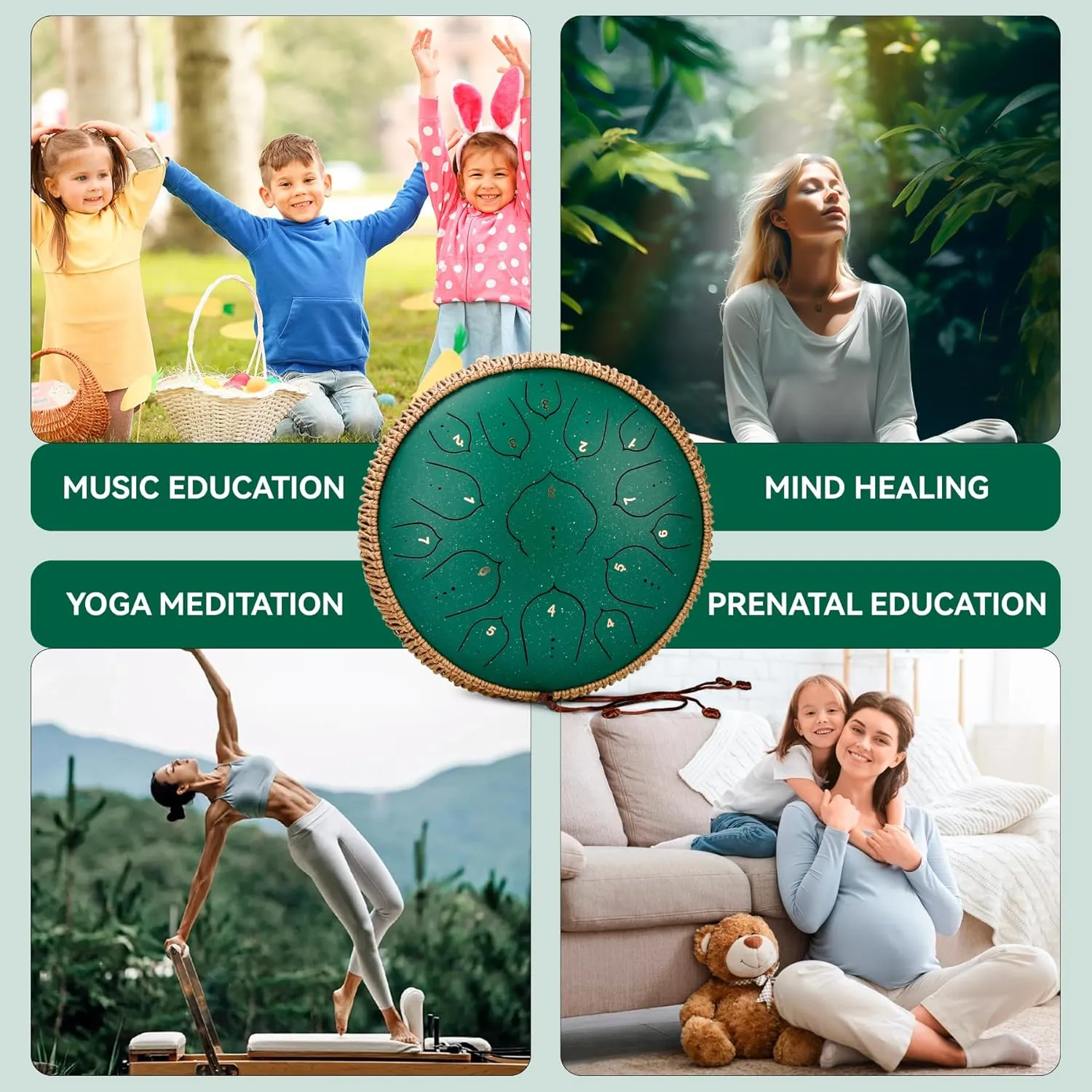Steel Tongue Drum -15 Notes steel Drum - 14 Inch Tongue Drums Instrument, Hand Pan Drums with Music Book, Handpan Drum Mallets and Carry Bag, D Major Green