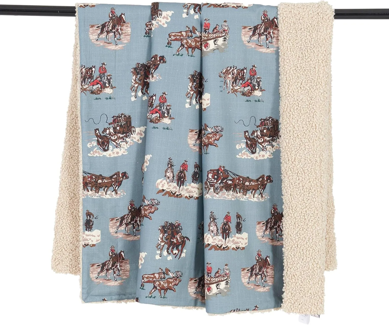 Tasha Polizzi for Paseo Road Settler Western Throw Blanket, 50x60 inch, Blue Cowboy Print Throw, Teddy-Backed Soft Boucle Reverse Side, Canoe Cowboys Horse Print, Plush Cozy Blanket for Bed, Sofa