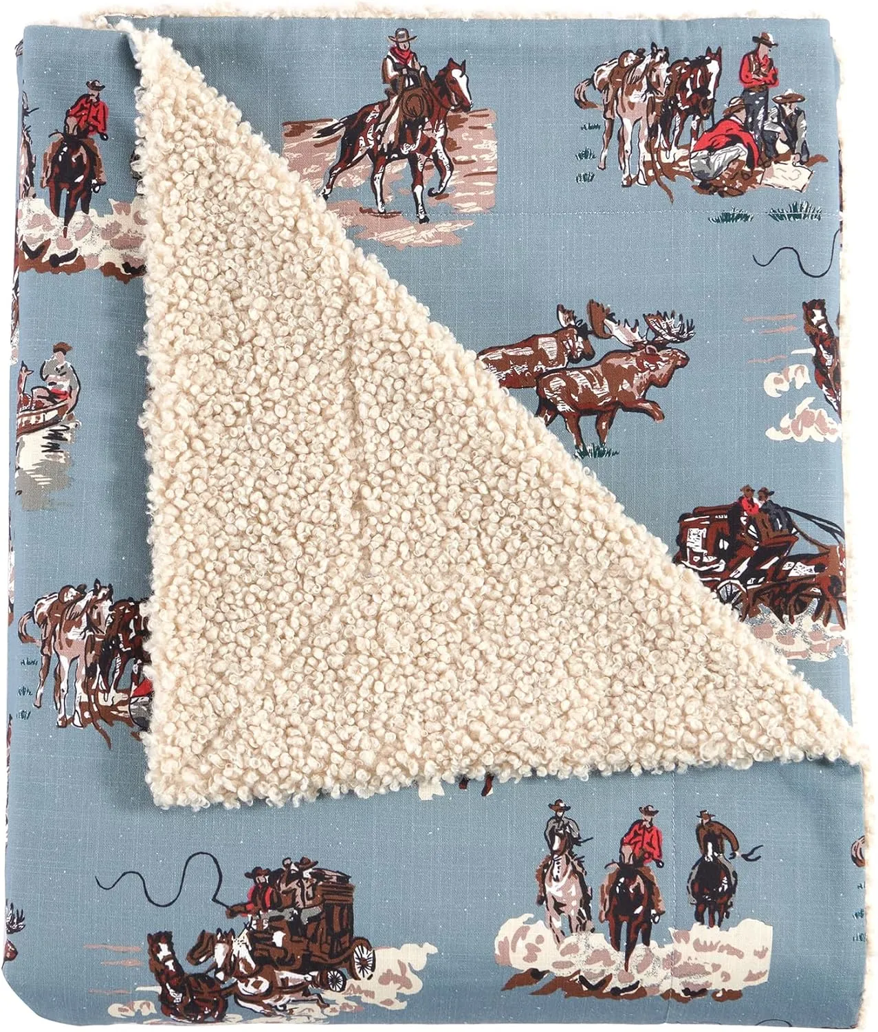 Tasha Polizzi for Paseo Road Settler Western Throw Blanket, 50x60 inch, Blue Cowboy Print Throw, Teddy-Backed Soft Boucle Reverse Side, Canoe Cowboys Horse Print, Plush Cozy Blanket for Bed, Sofa