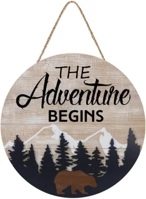 The Adventure Begins Wooden Hanging Sign, Woodland Farmhouse Decor, Bear Mountain Inspirational Quotes Home Indoor Outdoor Plank Sign, Forest Camping Decor Sign 12" X 12"
