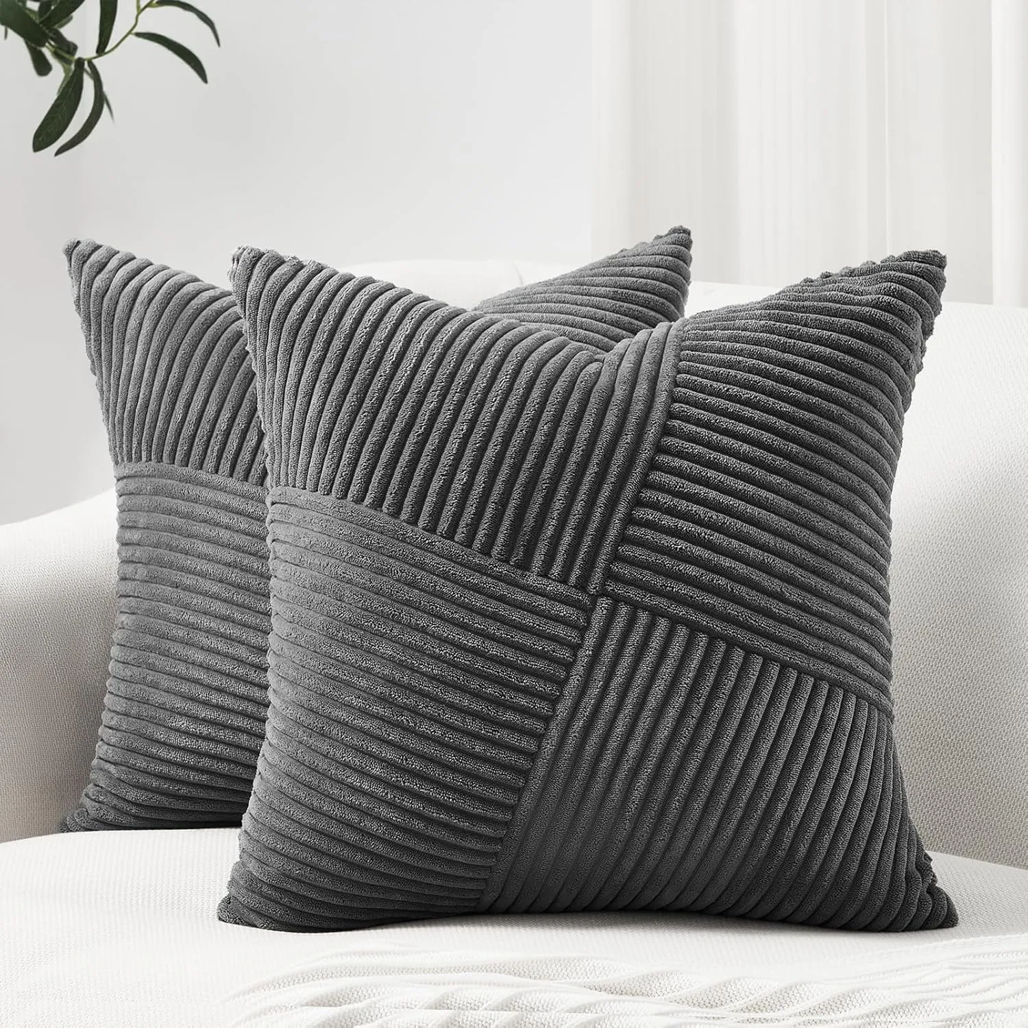 Topfinel Darkgrey Throw Pillow Covers 20x20 Inch Set of 2 Modern Farmhouse Home Decor Pillow Covers for Spring Sofa Living Room Couch Bed Soft Corduroy Textured Boho Striped Patchwork Cushion Cases