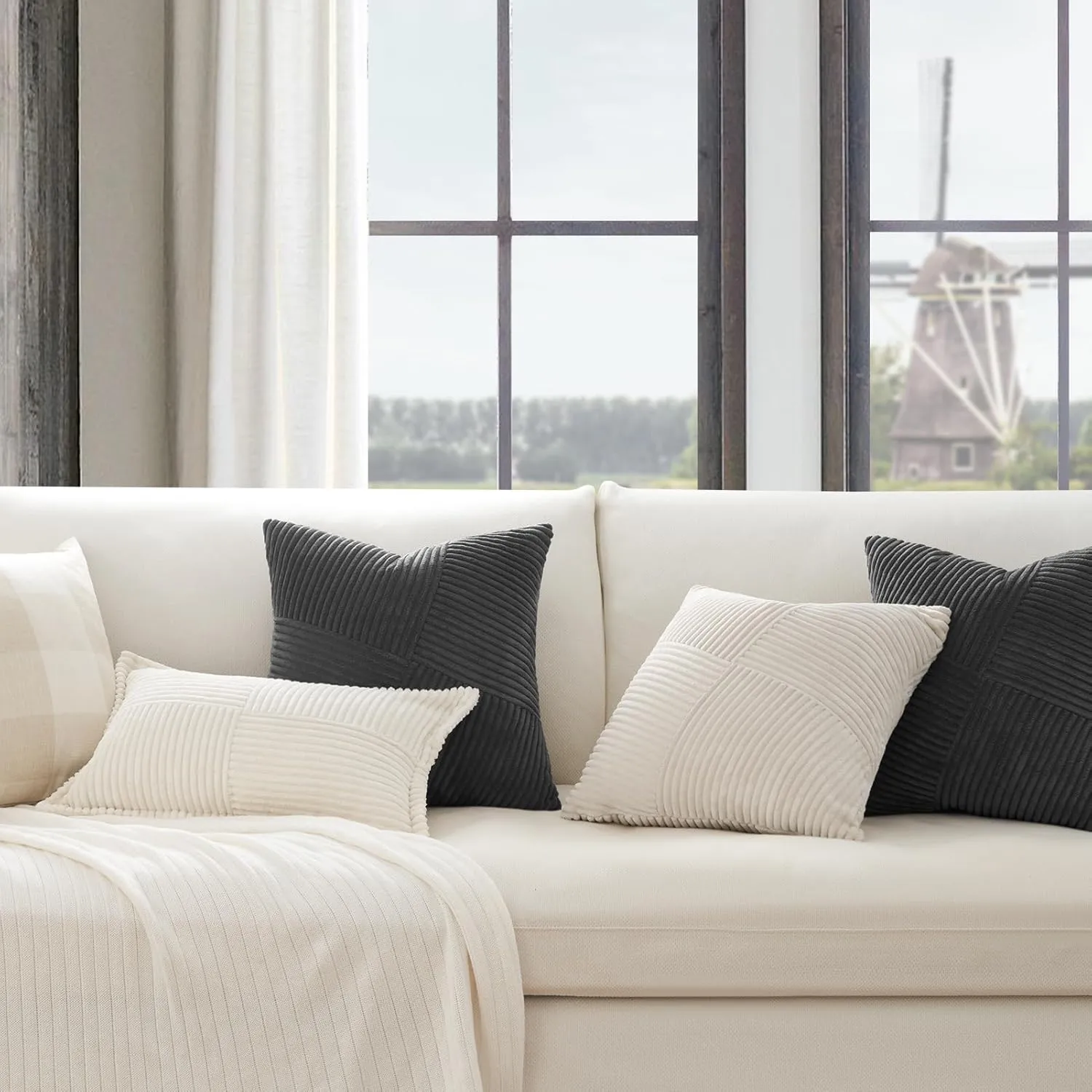 Topfinel Darkgrey Throw Pillow Covers 20x20 Inch Set of 2 Modern Farmhouse Home Decor Pillow Covers for Spring Sofa Living Room Couch Bed Soft Corduroy Textured Boho Striped Patchwork Cushion Cases