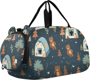 Travel Duffle Bag for Kids Boys Girls Cute Camper Bear Sports Bag Overnighter Duffle Sleepover Weekender with Shoes Compartment
