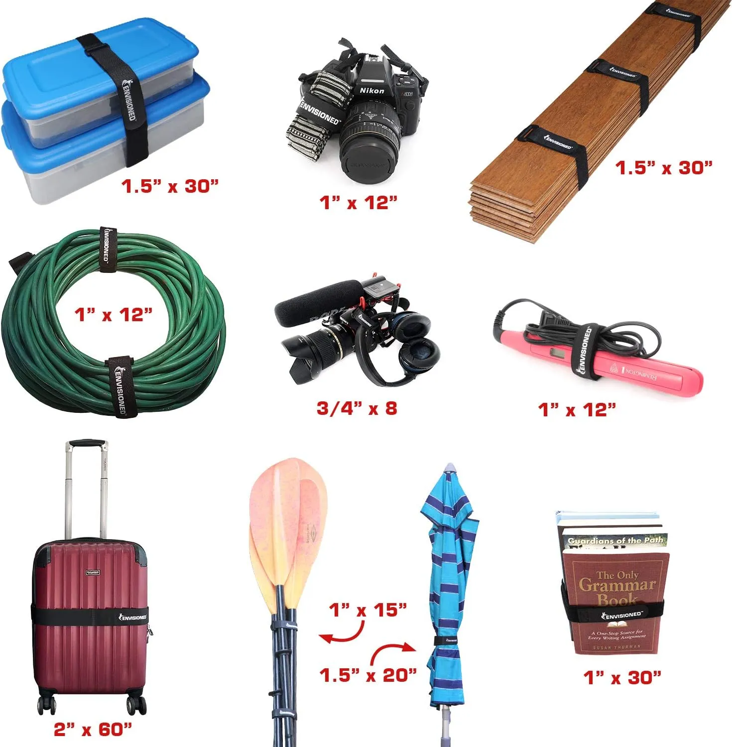 Velour Cinch Straps 1.5" x 20" - 6 Pack, Soft Touch Microfiber Reusable Hook and Loop - Plus 2 Free Bonus Reusable Cable Ties