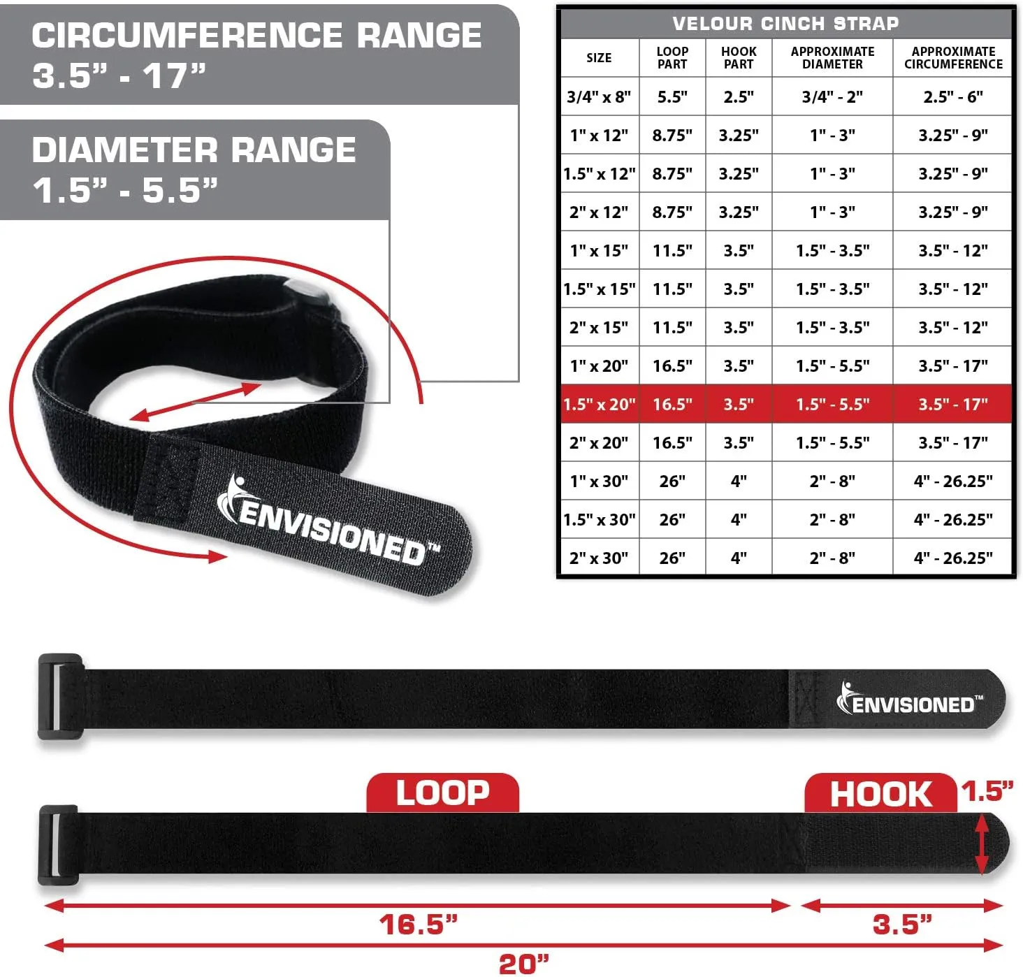 Velour Cinch Straps 1.5" x 20" - 6 Pack, Soft Touch Microfiber Reusable Hook and Loop - Plus 2 Free Bonus Reusable Cable Ties