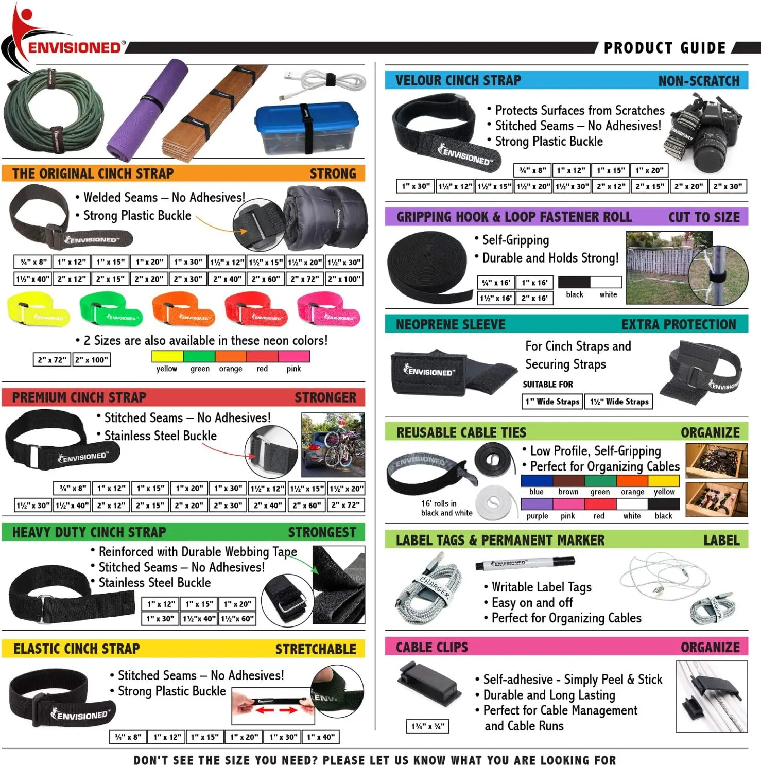 Velour Cinch Straps 1.5" x 20" - 6 Pack, Soft Touch Microfiber Reusable Hook and Loop - Plus 2 Free Bonus Reusable Cable Ties