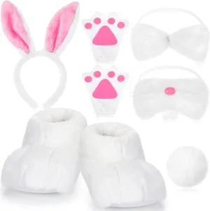 Vicenpal 8 Pieces Halloween Rabbit Costume Set Bunny Shoes Headband Nose Tail Bow Tie Gloves Plush Bunny Costume Accessory for Halloween Cosplay, White Pink